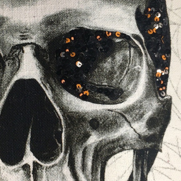 Skull graphic print canvas throw pillow with orange & black sequin accents - Picture 3 of 8